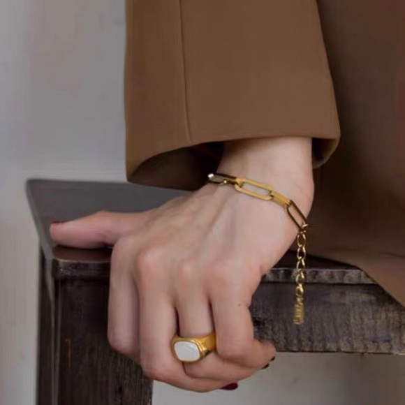 Gold Plated Squared White Seashell Signet Ring - Picture 10 of 12